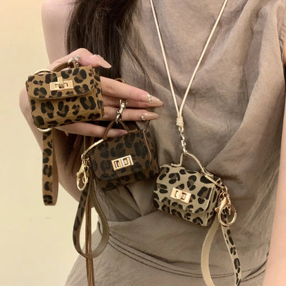 Retro Cute Small Leopard Print Leather Bag Pendant Necklaces for Women Sweater Long Rope Chain Neck Hanging Jewelry Accessory C