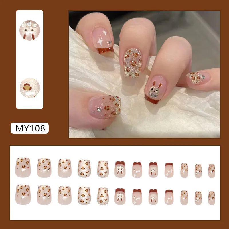 Caramel Flower 24 Pcs Press on Nails Pink Gradient Fake Nails Glossy Artificial Finger Manicure Reusable False Nails for Women