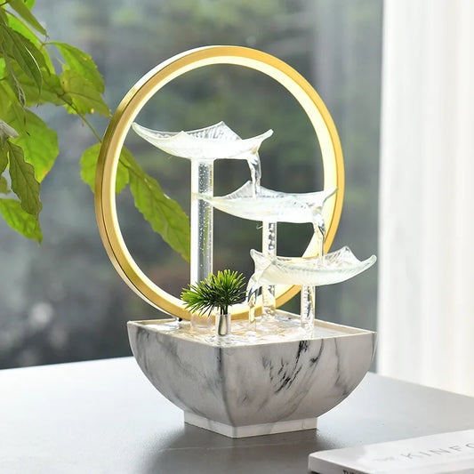 Zen Water Fountain for Desk - Glass Lotus Tabletop Fountain with LED, Feng Shui Home/Office Decor