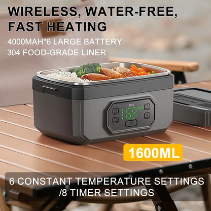 Wireless Electric Lunch Box 1600ML Capacity Heating 6Speed Constant Temperature Outdoor Lunch Box 304 Food-Grade Stainless Steel