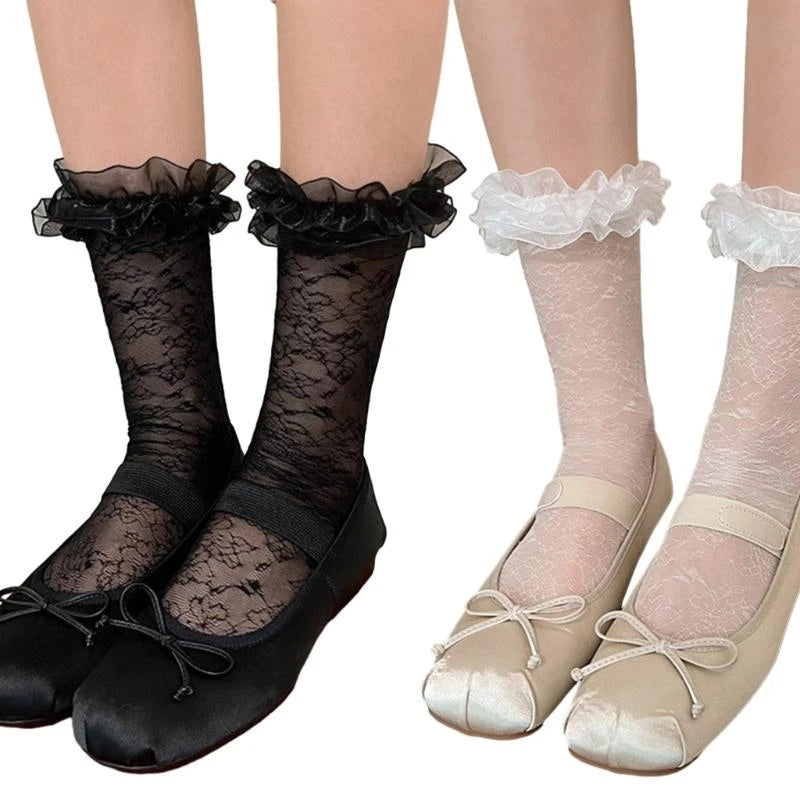 Women Lolita Transparent Mesh Crew Socks Sweet Ruffled Lace Trim Bowknot Cute Love Heart Pattern Anime Princess Hosiery