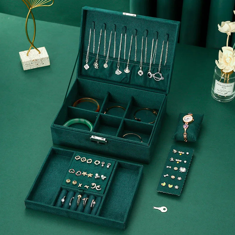 New vintage style velvet jewelry box double lock storage box necklace watch ear jewelry box large capacity