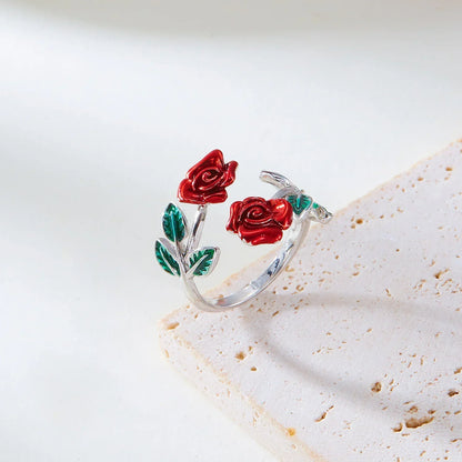 Vintage Charm Red Rose Flower Bracelet Ring Set For Women Vintage Open Adjustable Cuff Bangle Finger Ring Party Wedding Jewelry