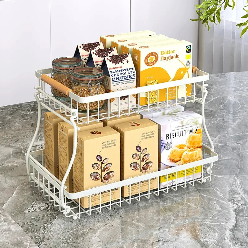 Detachable Metal Fruit Baskets Kicthen Double Layer Desktop Shelf Vegetables Snack Storage Organizers Basket Bowl Stackable