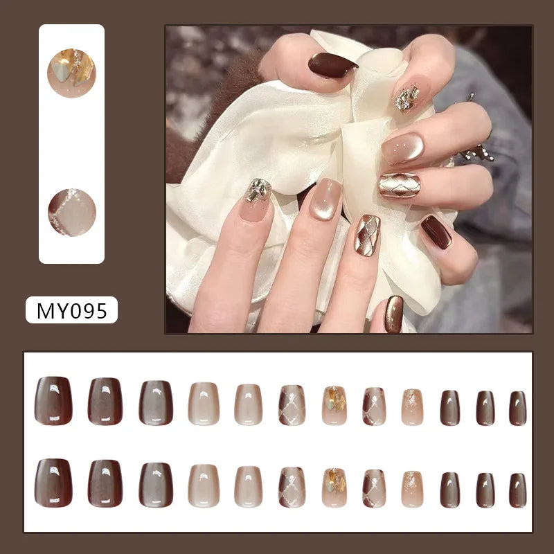 Caramel Flower 24 Pcs Press on Nails Pink Gradient Fake Nails Glossy Artificial Finger Manicure Reusable False Nails for Women