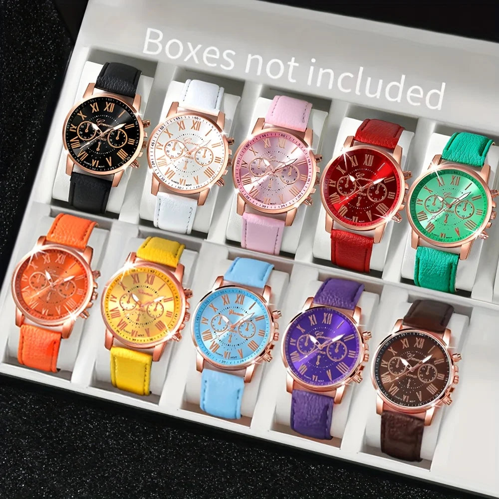 Fashion Quartz Watch 5/10/7/3-Piece Set - Round Zinc Alloy Case with PU Leather Strap
