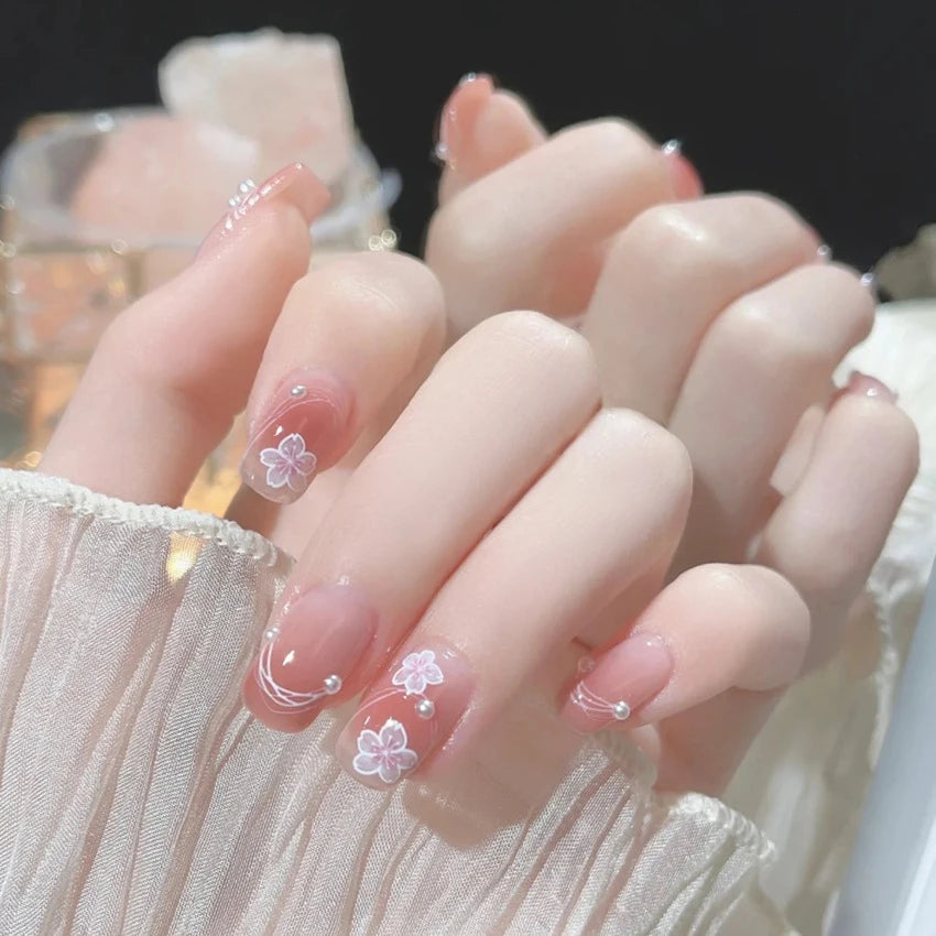 24Pcs/Set Pink Bow French Fake Nails Art Cute with Diamonds Girls Reusable Ballet Press on Nail Tips Oval Acrylic Stick on Nails