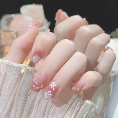24Pcs/Set Pink Bow French Fake Nails Art Cute with Diamonds Girls Reusable Ballet Press on Nail Tips Oval Acrylic Stick on Nails
