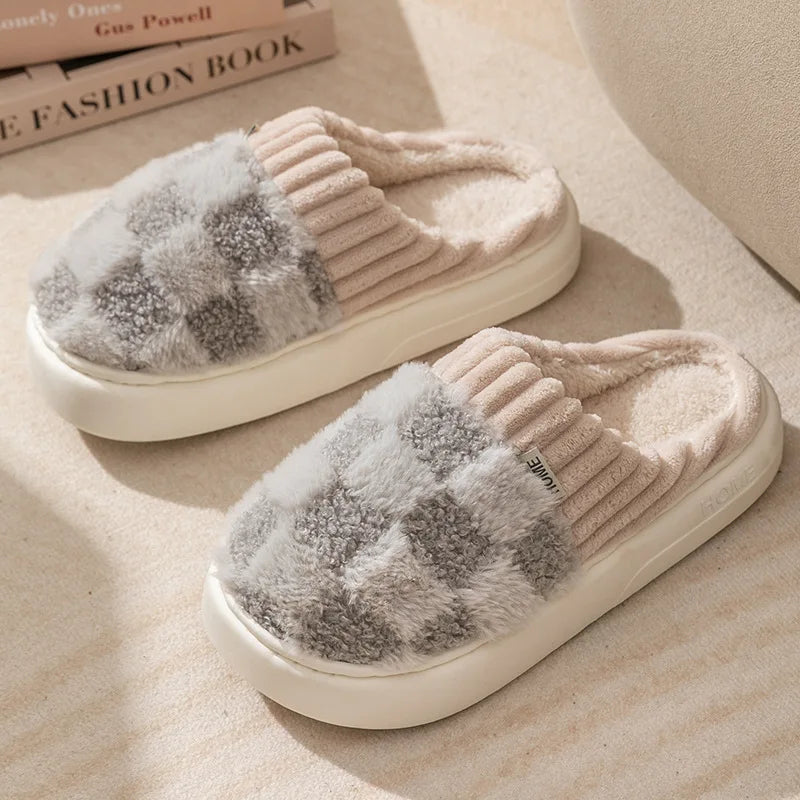 Litfun Winter Fur Fuzzy Slippers For Women New Pineapple Lattice Soft Sole Plush Shoes Non-slip Warm Home Fluffy Cotton Slippers
