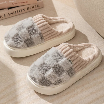 Litfun Winter Fur Fuzzy Slippers For Women New Pineapple Lattice Soft Sole Plush Shoes Non-slip Warm Home Fluffy Cotton Slippers
