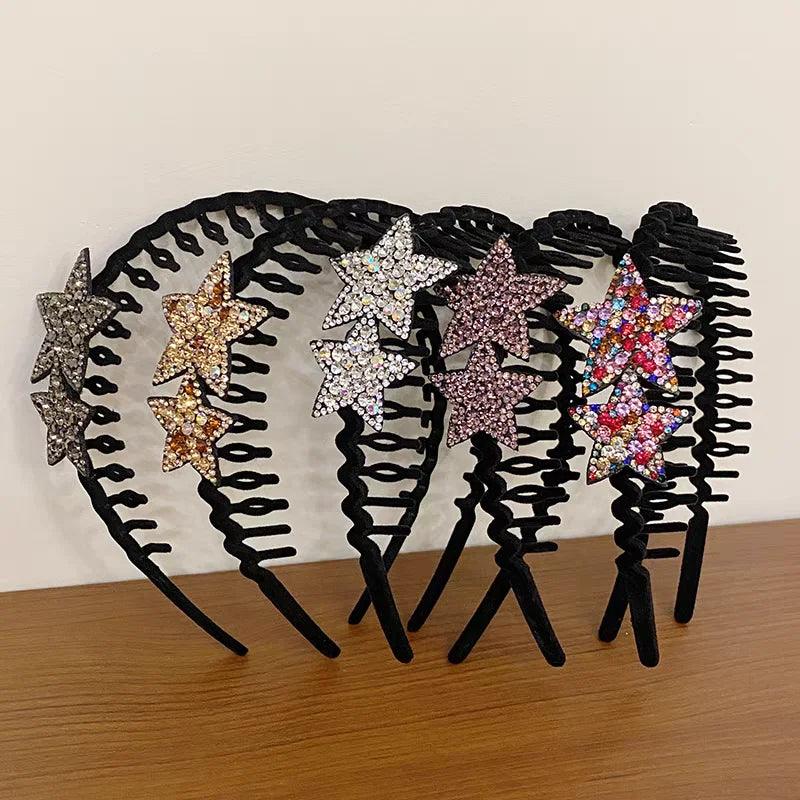 Rhinestone Star Flocking Headband Women's Retro Bangs Arrangement Artifact with Hair Teeth Non-slip Headband Hair Accessories