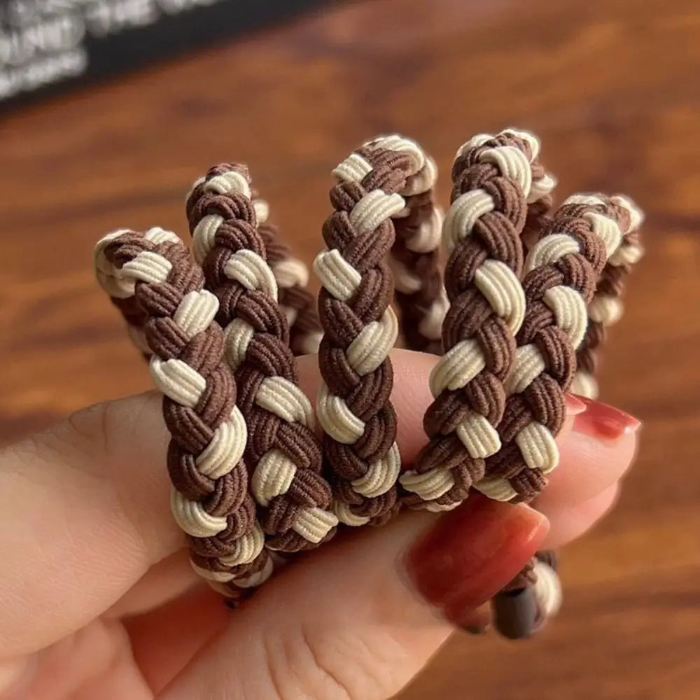 5PSC Simple Braided Hair Tie Nylon Highly Elastic Hairband Durable Coffee Rubber Band Women Girl