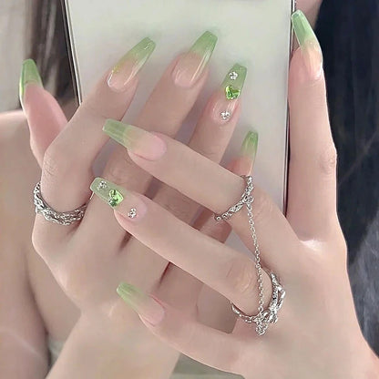 24Pcs/Set Pink Bow French Fake Nails Art Cute with Diamonds Girls Reusable Ballet Press on Nail Tips Oval Acrylic Stick on Nails
