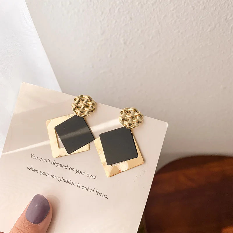 Double Color Rhombus Shape Dangle Earrings For Women Hollow Golden Metal Lattice Drop Earrings Geometry Party Punk Jewelry
