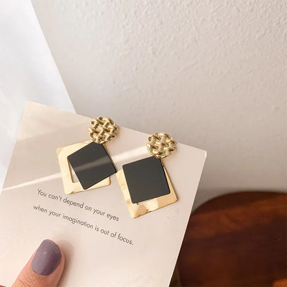 Double Color Rhombus Shape Dangle Earrings For Women Hollow Golden Metal Lattice Drop Earrings Geometry Party Punk Jewelry