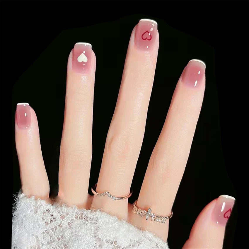 24Pcs/Box Charming Pink Flame Short Detachable Finished Fingernails Ballet Wearable Fake Nails press on Square Head Full Cover