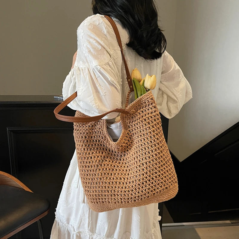 Designer Handmade Summer Beach Purses Handbags Casual Hollow Straw Women Shoulder Bags
