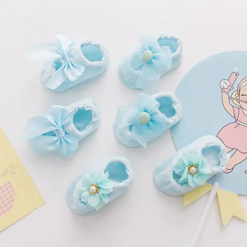1 Pair Cute Baby Socks Girls Spring Newborn Kids Flower Bowknot Lace Non-slip Children Floor Anti Skid Toddler Slipper
