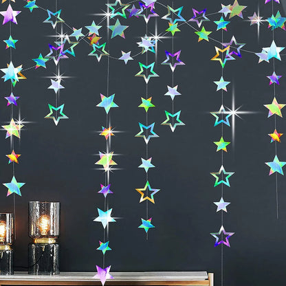 3.7M 12.1ft Paper Silver Star Garland Room Hanging Decoration Birthday Party Decoration BannerAdult Graduation New Year Decor