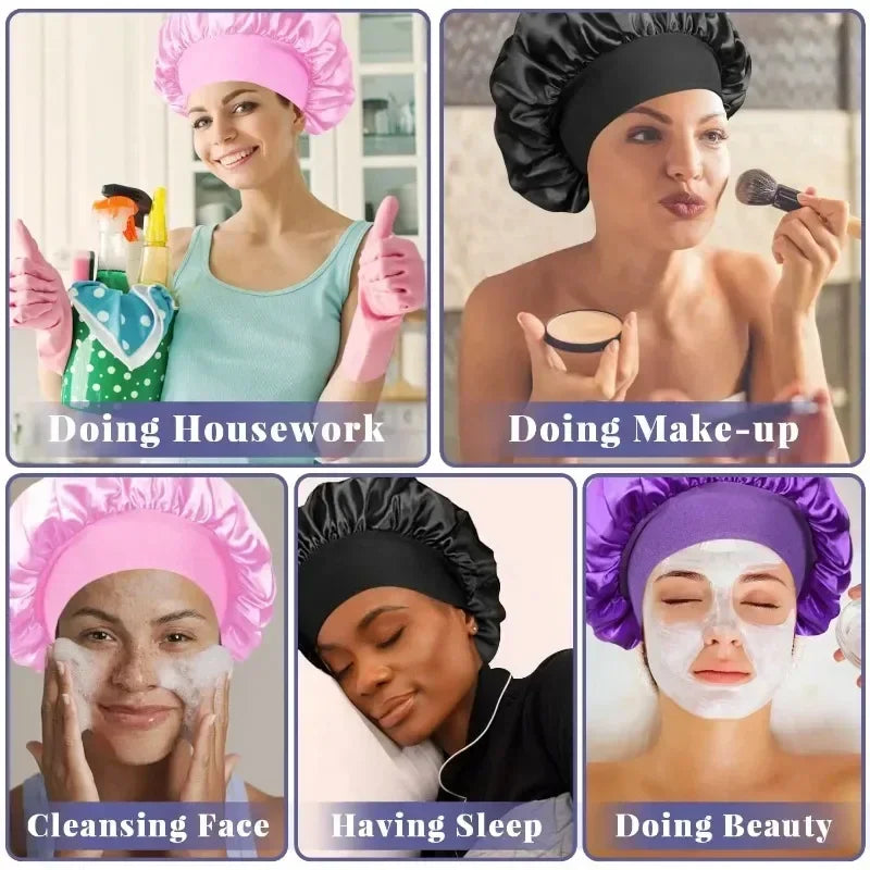 Soft Silk Satin Lined Bonnet Large Satin Hair Bonnet Household Sleep Shower Cap Hair Wrap Cover for Long Hair Salon Tool 1pcs