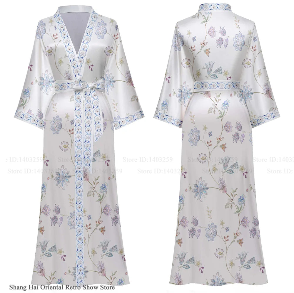Elegant Print Flower Women Long Robe Loungewear Silky Satin Kimono Bathrobe Gown Spring Autumn New Sleepwear Home Dress Negligee