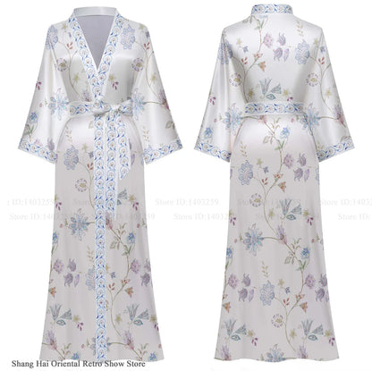 Elegant Print Flower Women Long Robe Loungewear Silky Satin Kimono Bathrobe Gown Spring Autumn New Sleepwear Home Dress Negligee