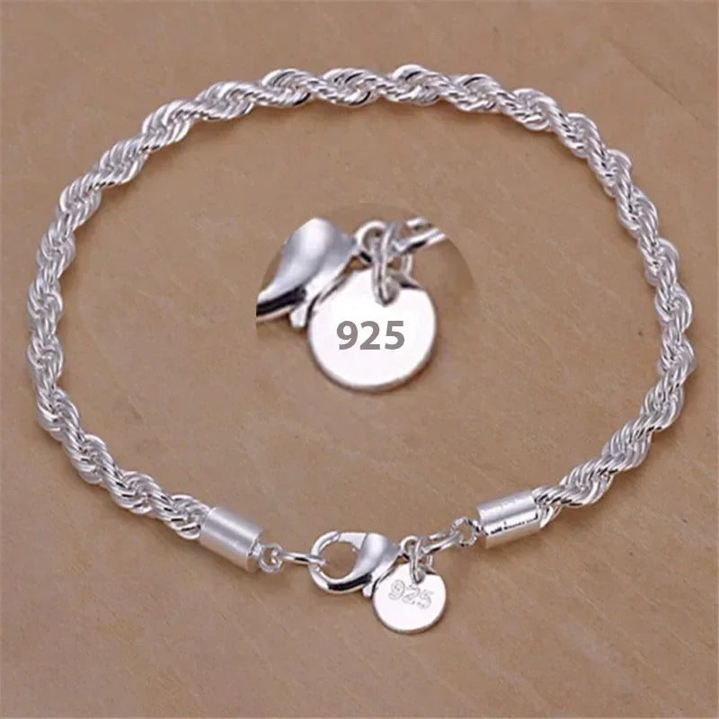 925 Sterling Silver 4MM Twisted Rope Bracelets for Women Men Fashion Minimalist Couple Chain Bracelet Unisex Party Jewelry Gifts