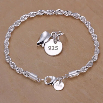 925 Sterling Silver 4MM Twisted Rope Bracelets for Women Men Fashion Minimalist Couple Chain Bracelet Unisex Party Jewelry Gifts