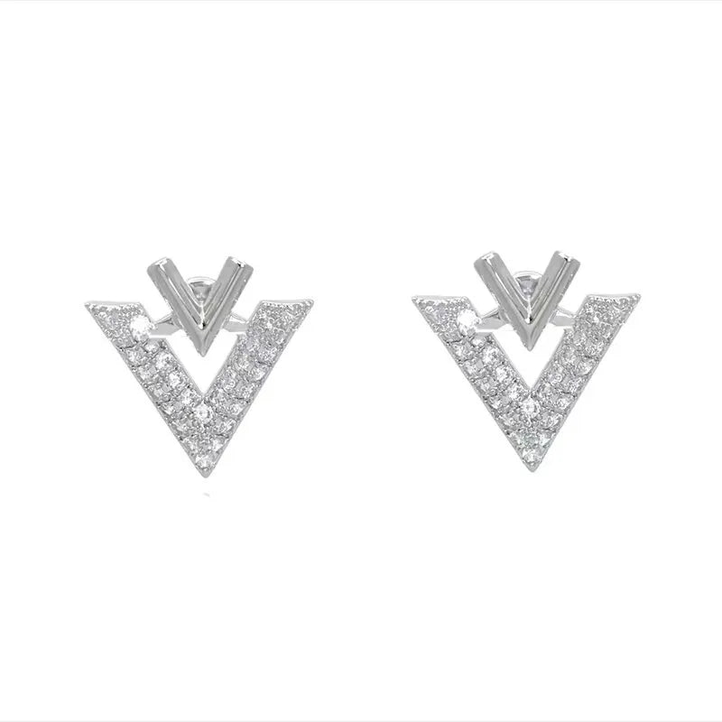 925 Silver Needle Korean Fashion Double V Crystal Earrings For Women Jewelry 2026 Trending Luxury Women's Earrings Behind Ear