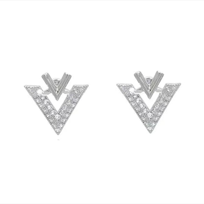 925 Silver Needle Korean Fashion Double V Crystal Earrings For Women Jewelry 2026 Trending Luxury Women's Earrings Behind Ear