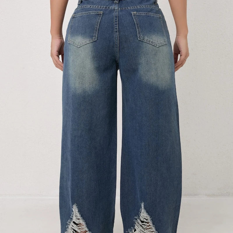 Autumn and Winter Trendy High-waisted Ripped Loose Wide-leg Straight-leg Jeans for Women Casual Fashionable and Versatile