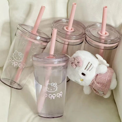 Hello Kitty Pink Straw Cup with Lid Plastic Student Portable Cup KT Cat Large-Capacity Transparent Plastic Water Cup Girl Gift