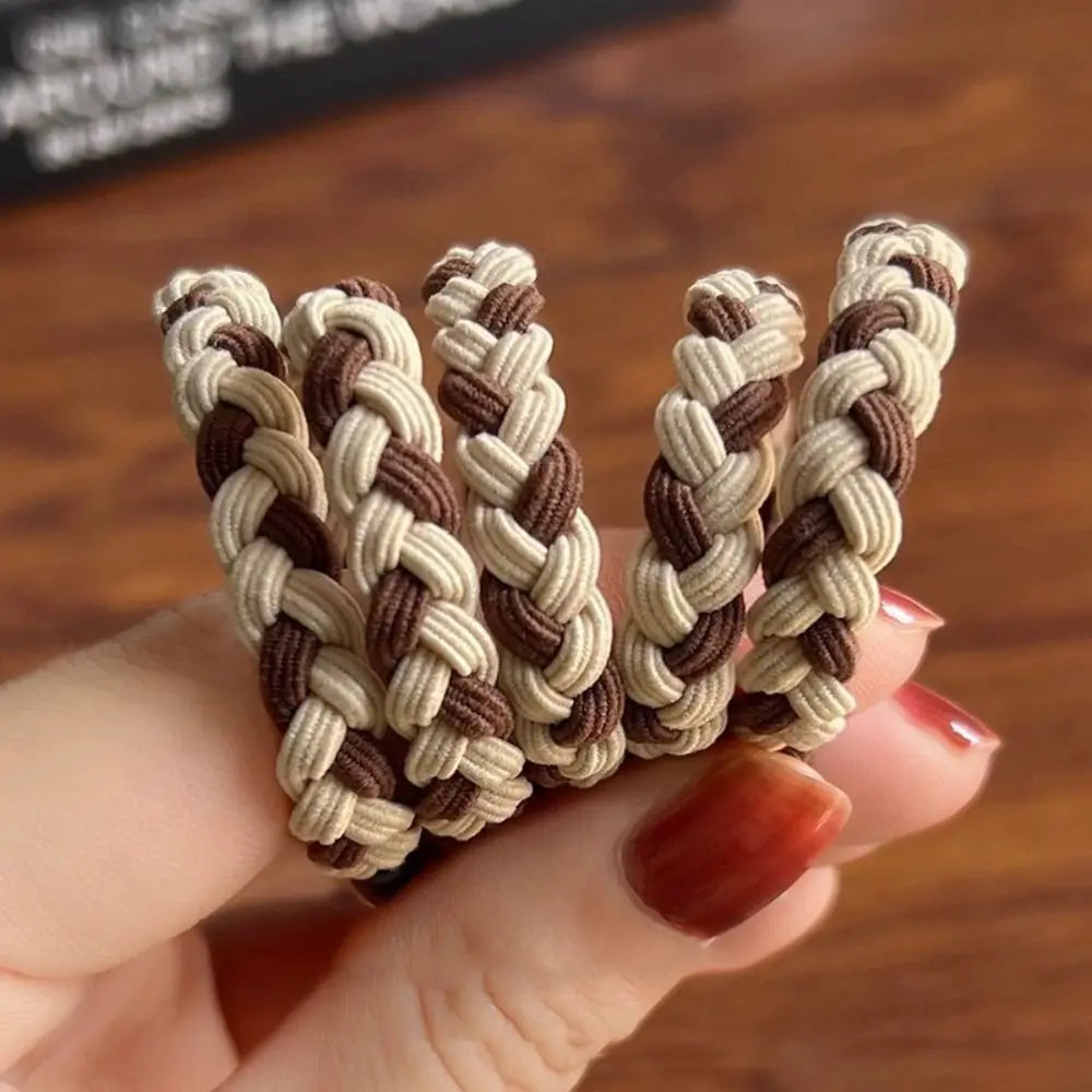 5PSC Simple Braided Hair Tie Nylon Highly Elastic Hairband Durable Coffee Rubber Band Women Girl