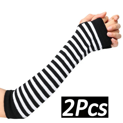 1 Pair Women Arm Warmer Fingerless Long Gloves Knitted Striped Warm Mittens Protection Arm Warmer Half Finger Sleeves