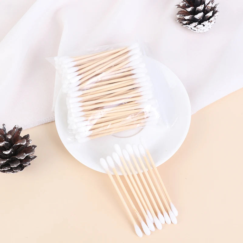 100Pcs/Bag 7.2cm Double Head Disposable Makeup Cotton Swab Soft Cotton Buds For Medical Wood Sticks Nose Ears Cleaning Tools