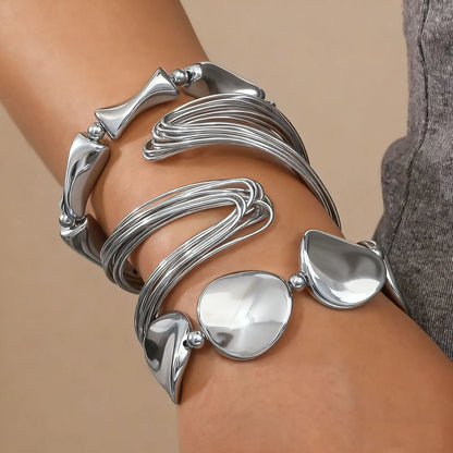 3 Pcs/set Geometric Twisted Lines Irregular Shaped Open Cuff Bracelet and Bangle Set for Women Punk Exaggerated Style Accessor