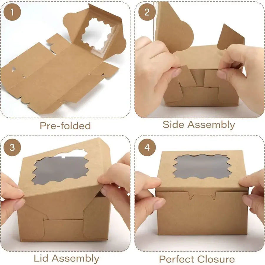 50/100Pcs Kraft Cake Boxes With Window, 4x4x2.5IN Dessert Pastry Macaron Bakery Boxes For Cake, Pastries, Chocolates, Biscuits