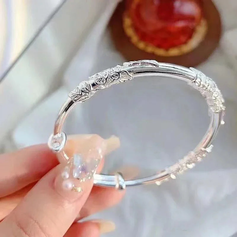 Silver Women's Full-blown Flowers Bracelet Delicate Open Adjustable Bracelet Solid Bracelets Fashion Jewelry Pulseras Hombre
