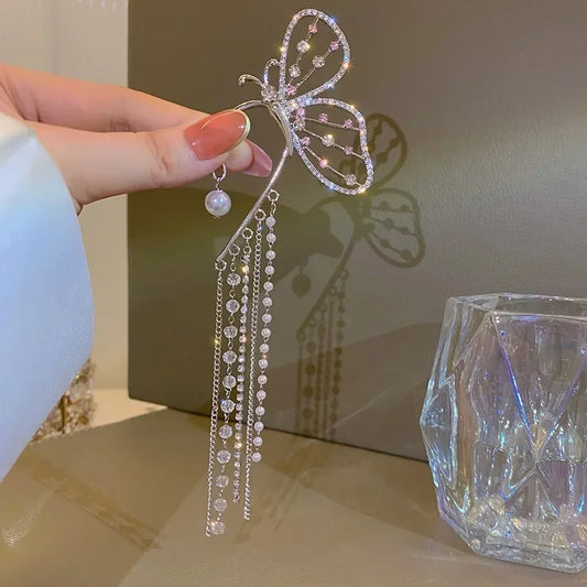 Fashion Crystal Butterfly Clip Earring for Women Pearl Bead Ear Cuff Long Tassels Charm Hollow Earrings Clip Xmas Jewelry Gifts