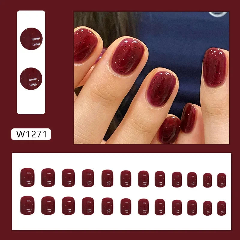 Fresh Green Tea 24 Pcs Fake Nail with Jelly sticker Press on False Nails Wearable Round Head Oval Full Cover Nail Tips
