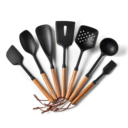 1/7Pcs Black Food Grade Silicone Kitchen Cookware Utensils Spatula Spoon Oil Brush Practical Cooking Tool Kitchenware Set