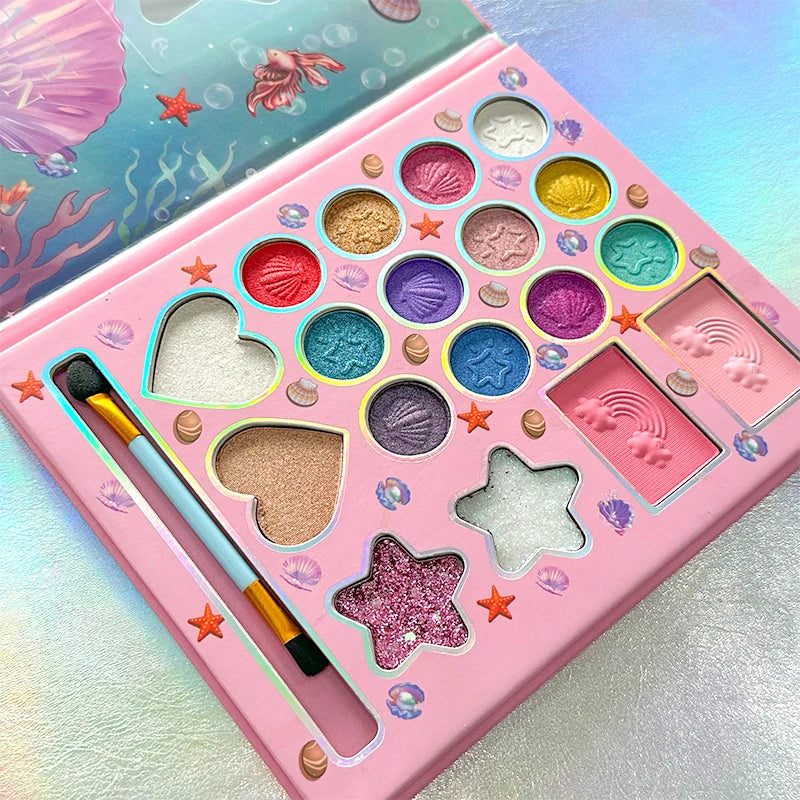 18-Color Cartoon Shell Makeup Palette with Brushes Mirror,Dreamy Glitter Matte and Shimmer Finish,Perfect for Holiday Parties
