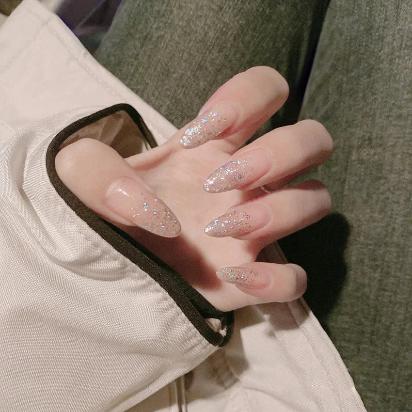 24Pcs/Set Pink Bow French Fake Nails Art Cute with Diamonds Girls Reusable Ballet Press on Nail Tips Oval Acrylic Stick on Nails