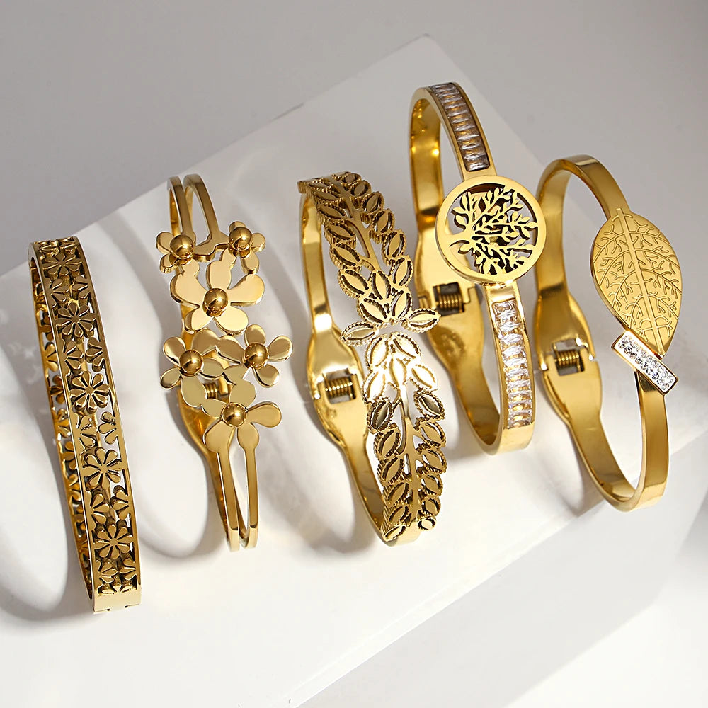 Greatera Irregular Hollow Leaf Flower Decoration Stainless Steel Opens Bracelet For Women Men Cubic Zircon Filled Luxury Bangle