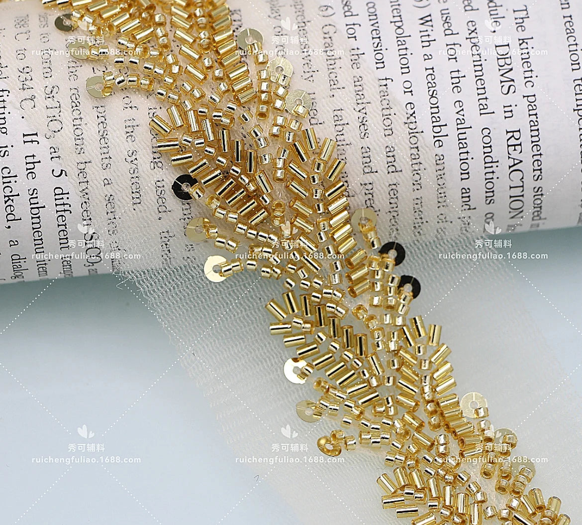 90cm Pearl Beaded Lace Trim Ribbon Garment Decoration Applique Trimming Gold Sequin Tape DIY Sewing Fabric Material Accessories