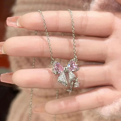 Fashion Fairy Pink Crystal Bow Knot Pendant Necklaces Y2K Girls Sweet Rhinestone Heart Clavicle Chain Women Jewelry Gifts