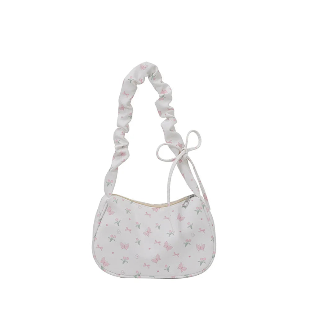 Women Small Underarm Bag Y2K Sweet Printed Zipper Tote Pleated Strap Handbag Half Moon Design Versatile Ladies Shoulder Bags