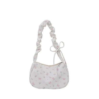 Women Small Underarm Bag Y2K Sweet Printed Zipper Tote Pleated Strap Handbag Half Moon Design Versatile Ladies Shoulder Bags