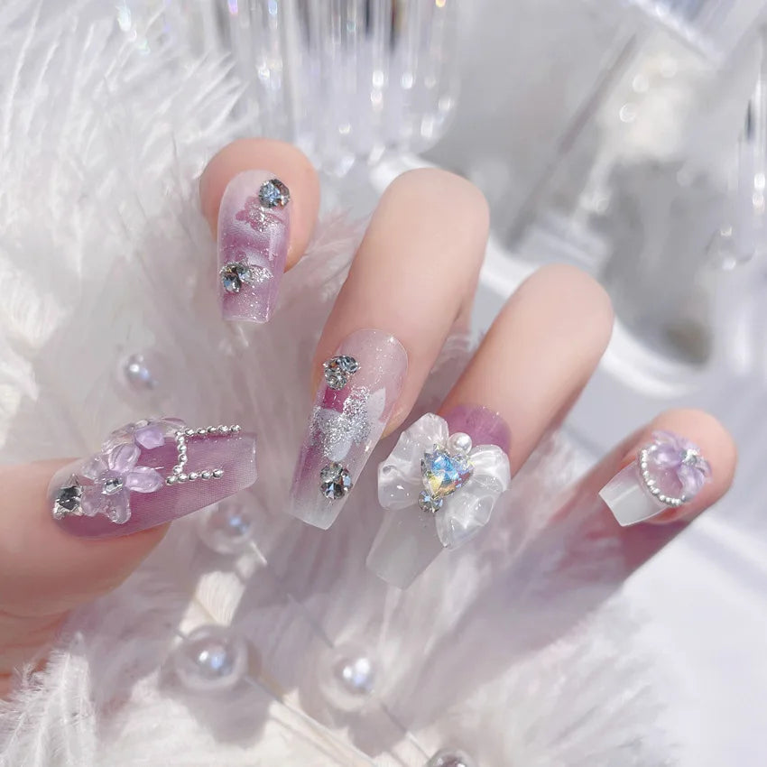 24Pcs/Set Pink Bow French Fake Nails Art Cute with Diamonds Girls Reusable Ballet Press on Nail Tips Oval Acrylic Stick on Nails