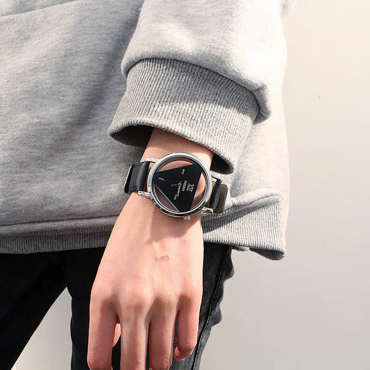 Fashion hollow triangle women quartz watches simple novelty and individualism creative wrist watch black white leather clock